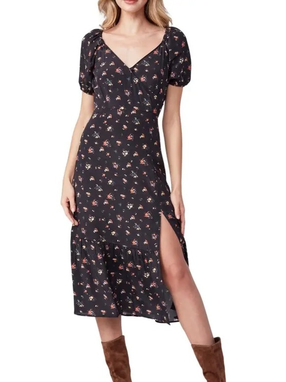 PAIGE XS Black Floral Puff Sleeve Wrap Maxi Dress Cottagecore Boho